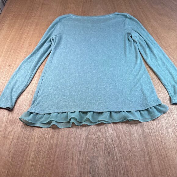 LC Lauren Conrad Small Teal Knit Top Ruffle Chiffon Hem Long Sleeve - Picture 2 of 5